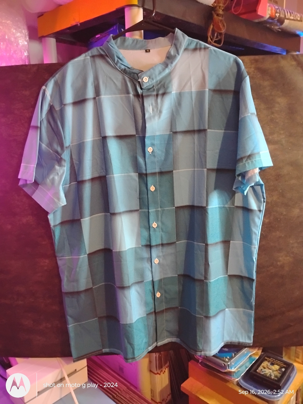 Source Unknown Blue Check Short-Sleeve Mandarin Collar Shirt